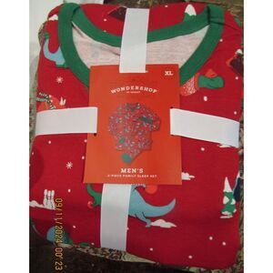 WONDERSHOP MEN'S SIZE XL DINOSAUR CHRISTMAS PAJAMA SET RED COTTON.